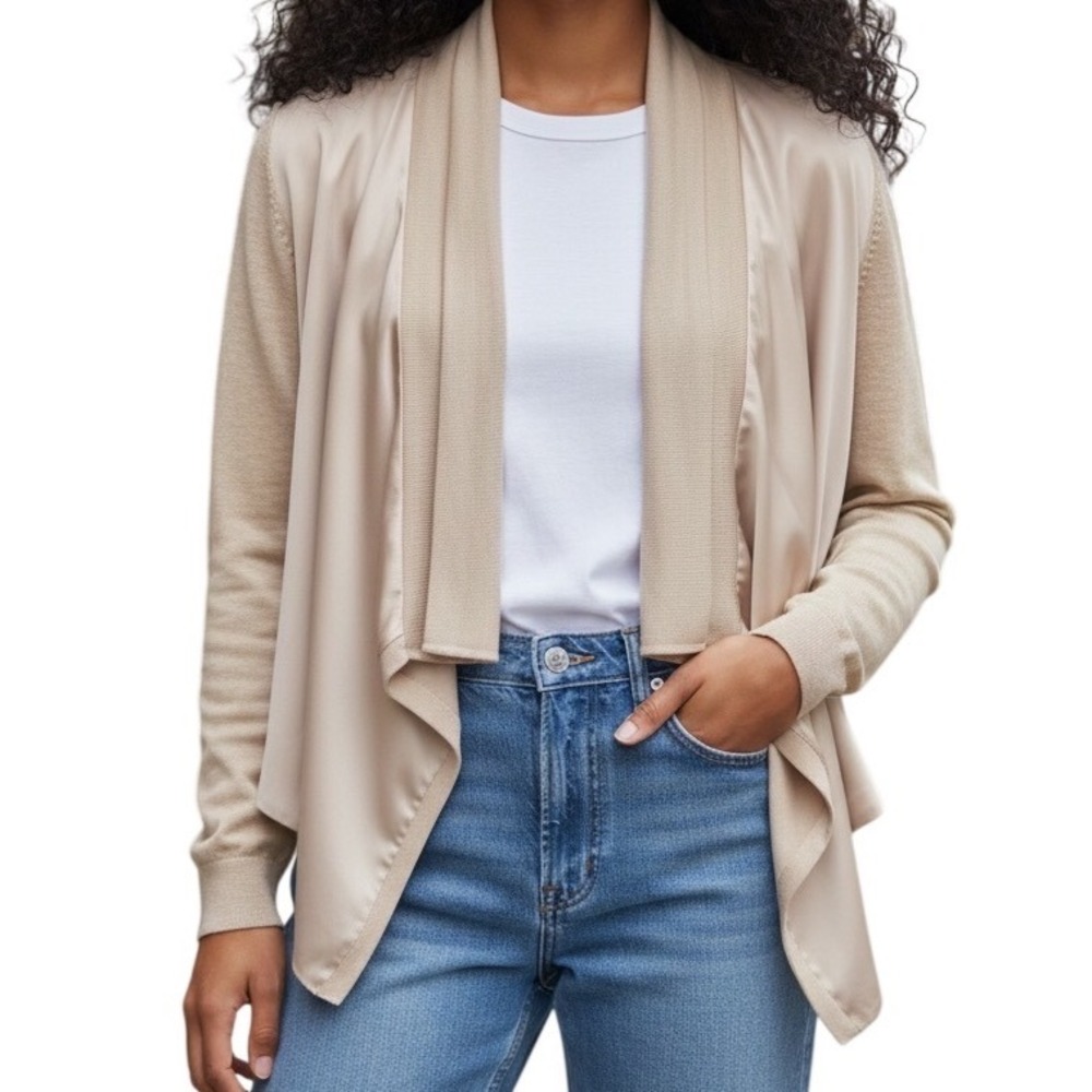 WHITE HOUSE BLACK‎ MARKET Champagne Mixed Media Waterfall Cardigan Size XXS